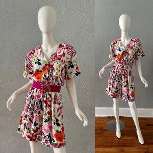 Vintage 80s Colorful Floral Button Shorts Romper S/M